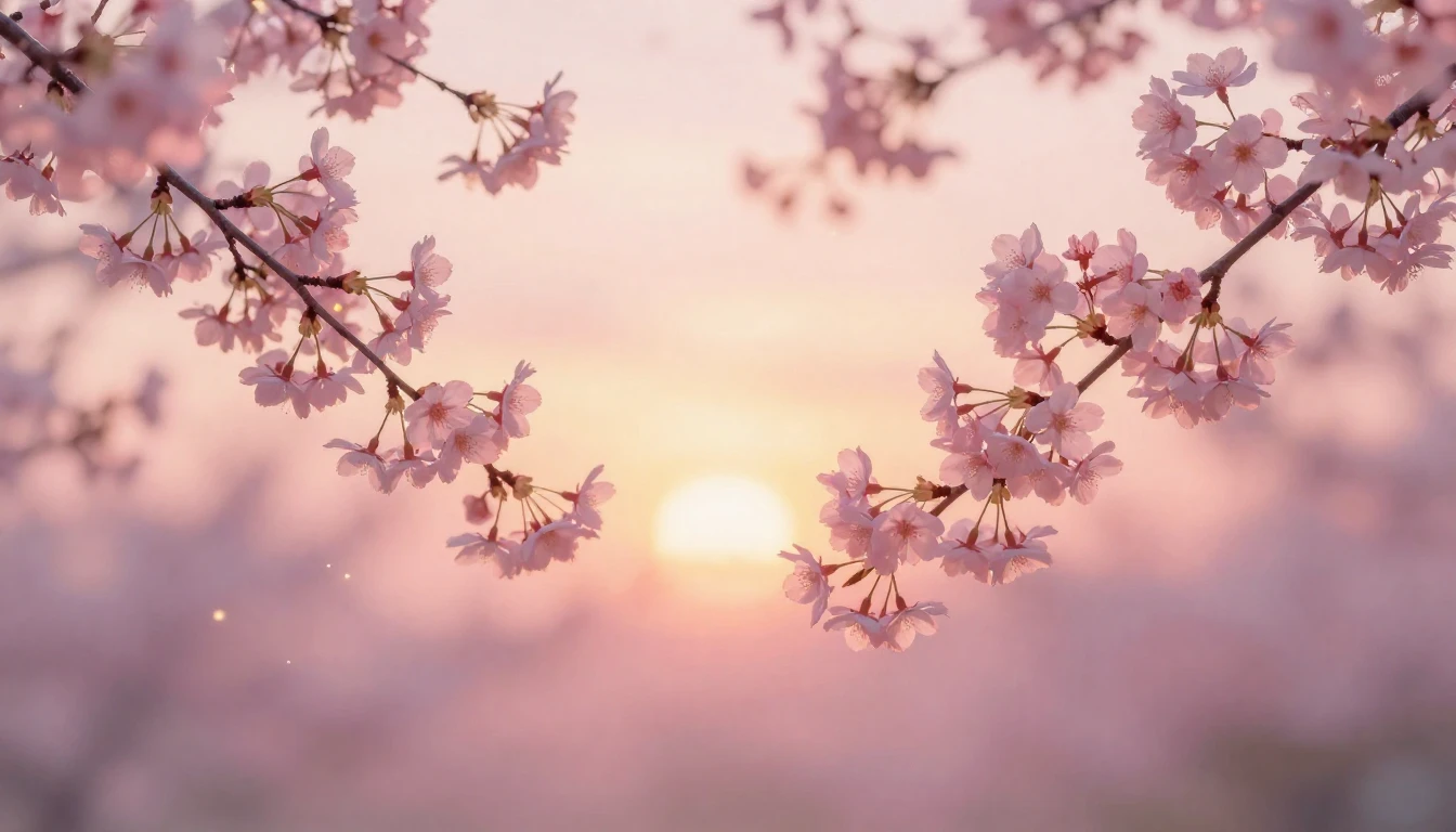 A dreamlike scene featuring two delicate cherry blossom bran...