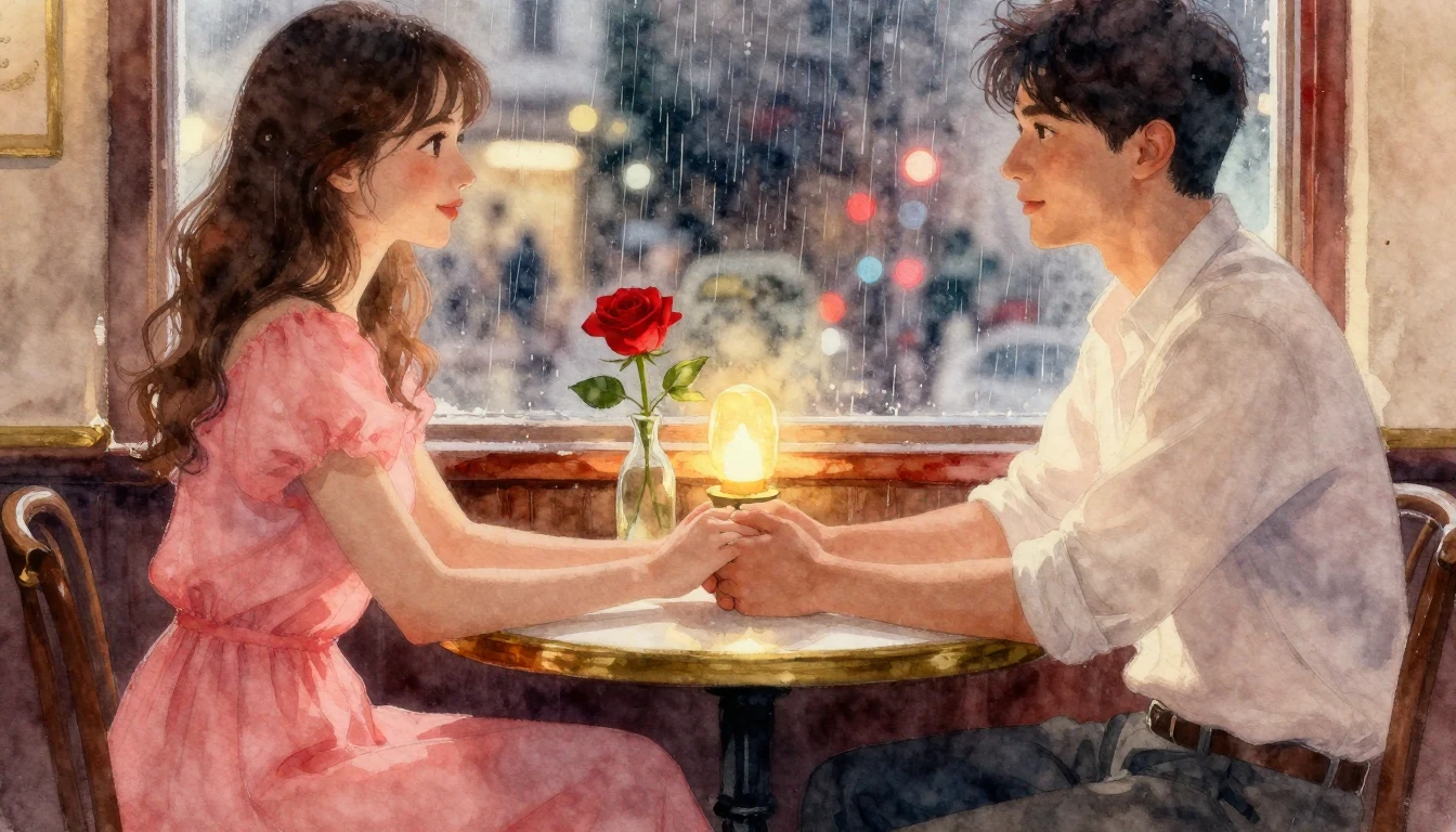 A romantic watercolor painting of a couple holding hands acr...
