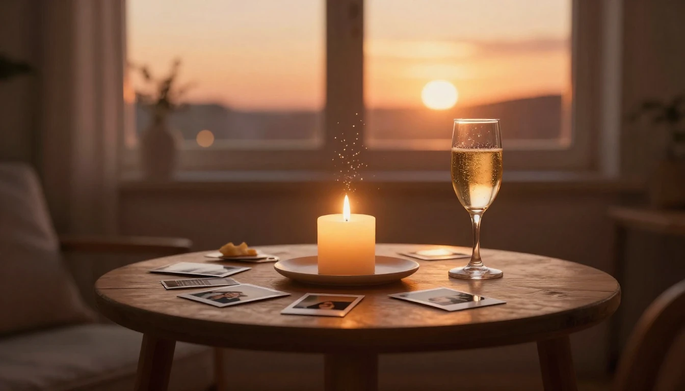 A cozy, warm-lit room during sunset. A small wooden table ho...