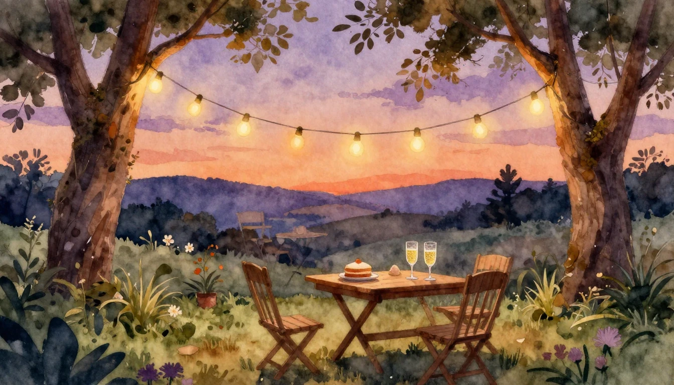 A soft watercolor painting of a cozy outdoor garden party at...