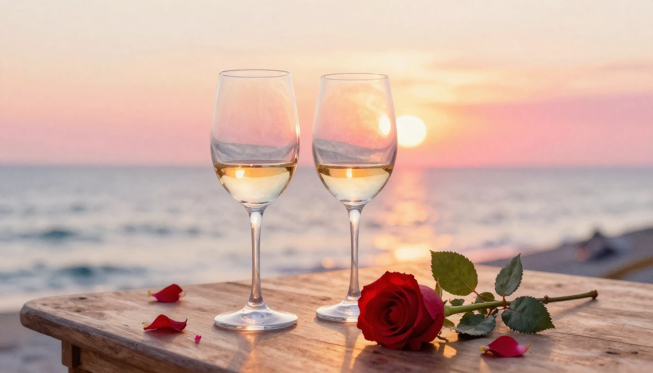 A dreamy watercolor painting of two elegant wine glasses sit...