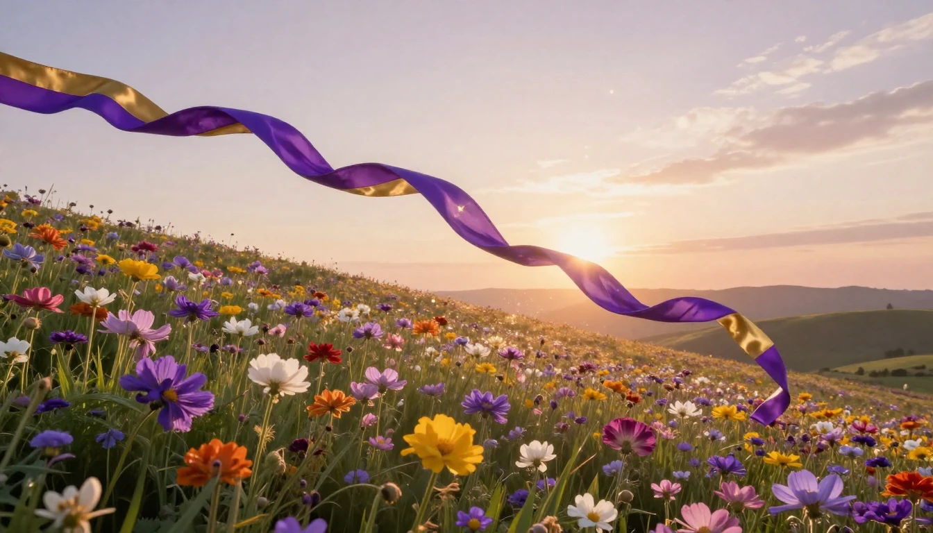 A breathtaking landscape at sunrise where a field of diverse...