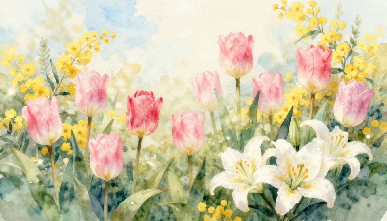 An artistic watercolor illustration of a lush spring garden ...