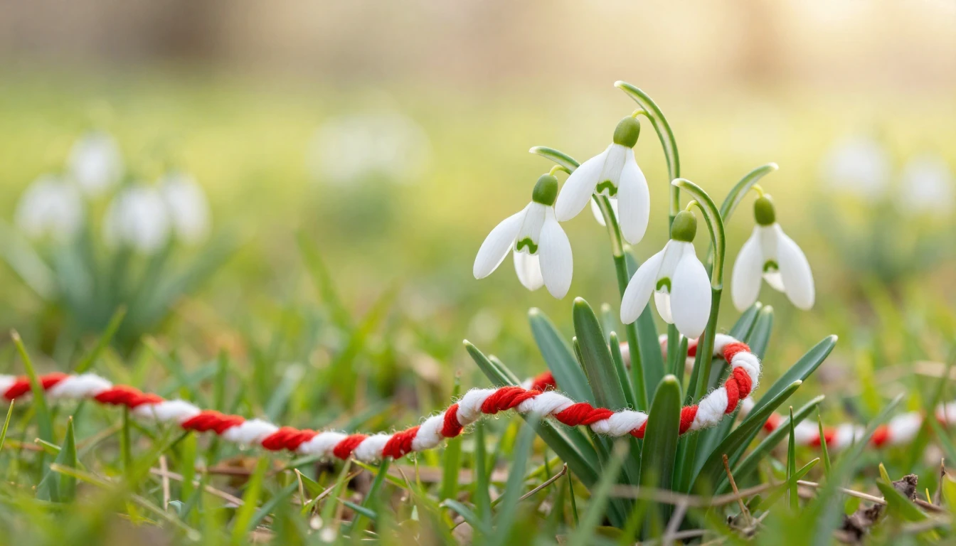 A beautiful and delicate red and white Mărțișor string inter...
