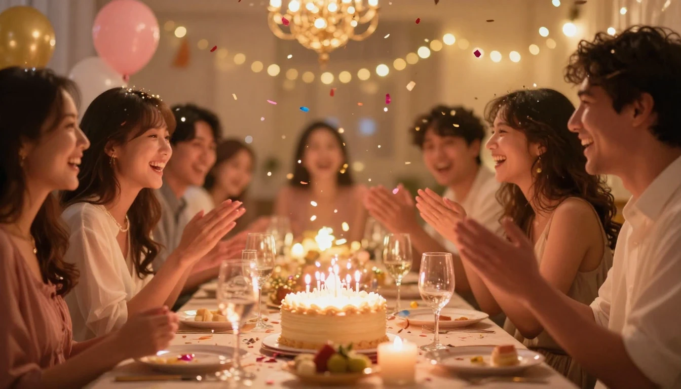 A vibrant and cozy scene of a celebratory gathering. Soft go...