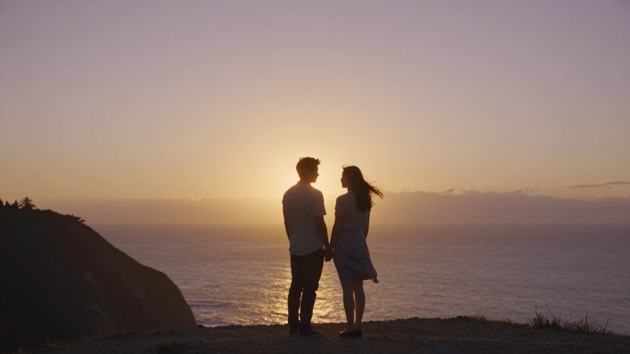 Cinematic wide shot of two lovers standing close on a serene...