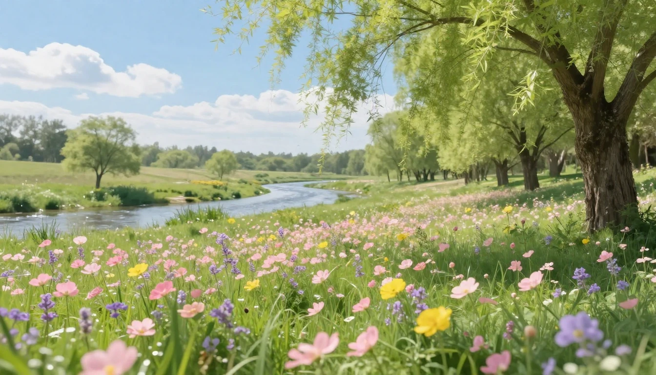 A serene spring landscape featuring a lush meadow filled wit...