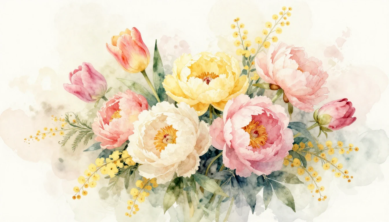 A delicate watercolor painting of a blooming spring bouquet ...