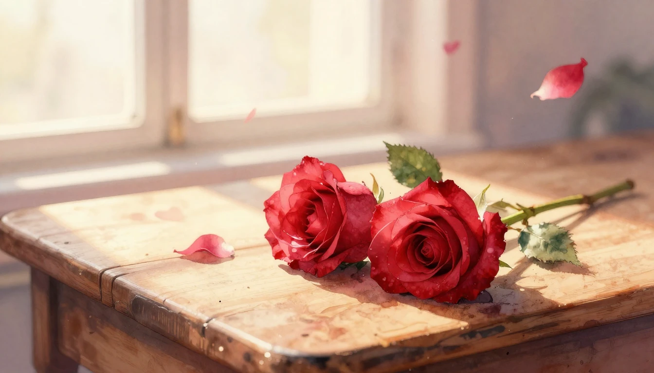 A delicate watercolor painting of two intertwined red roses ...