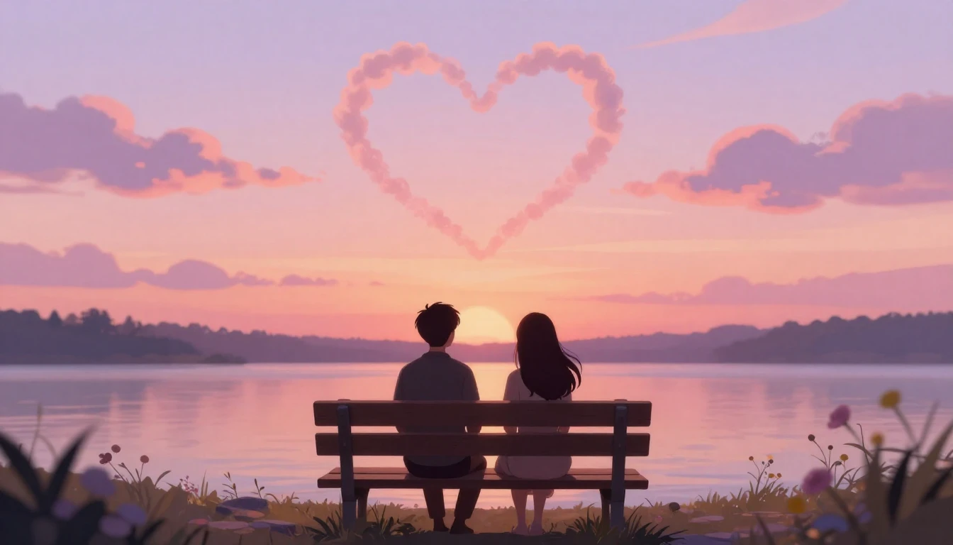 A romantic and dreamy illustration of two silhouettes sittin...