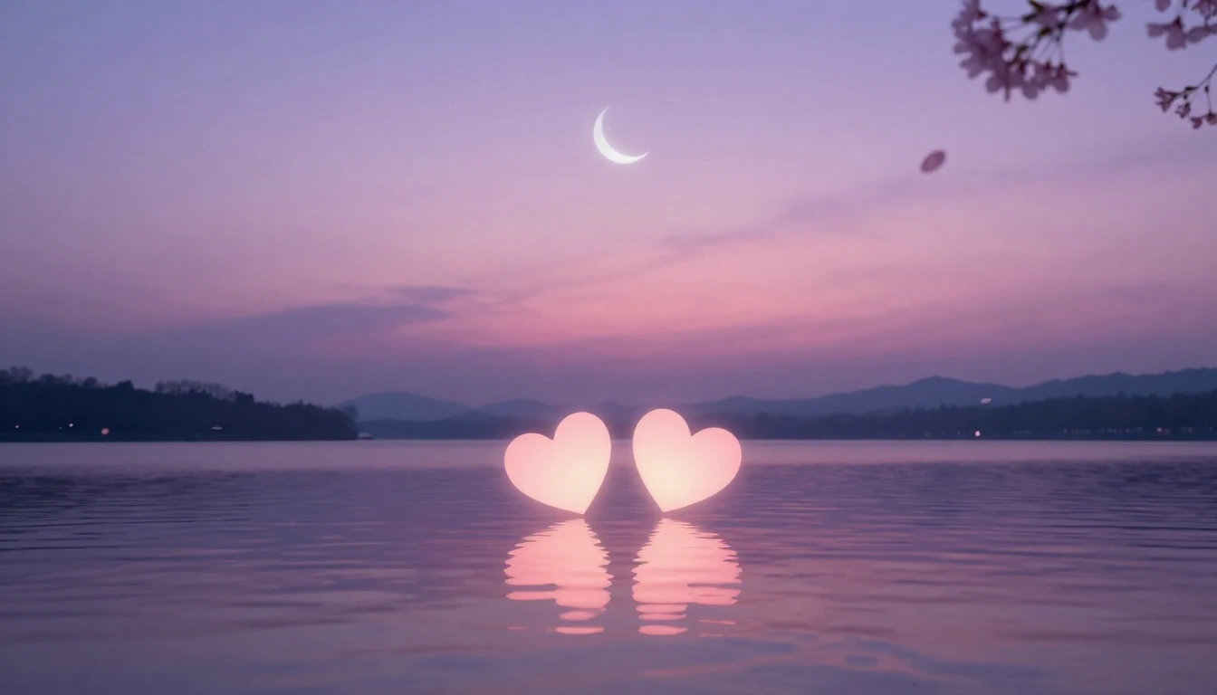 A serene and romantic scene featuring two glowing silhouette...