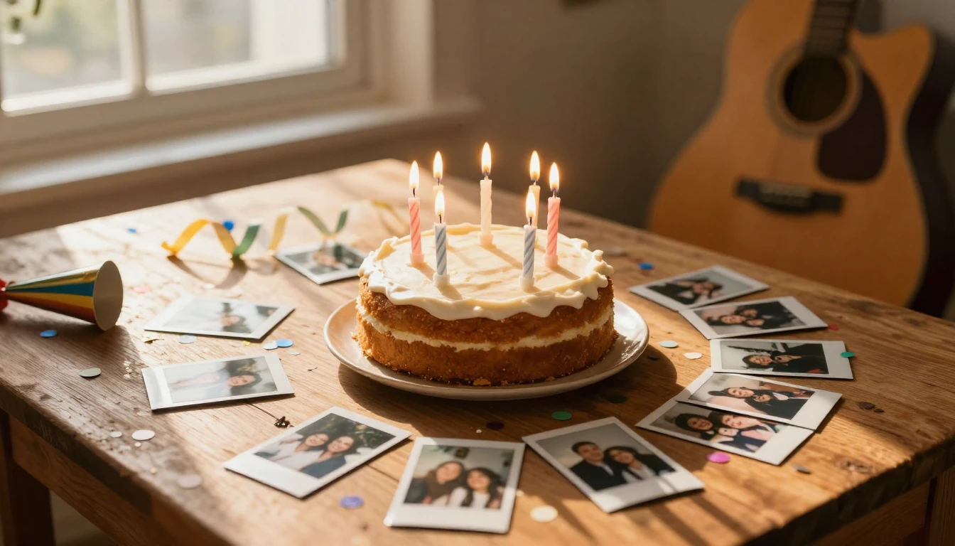 A warm and nostalgic scene on a rustic wooden table. In the ...