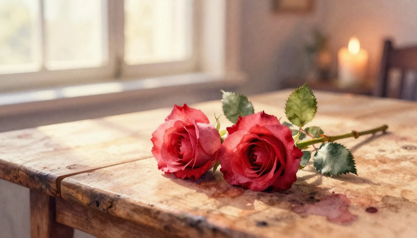 A beautiful watercolor painting of two delicate red roses in...