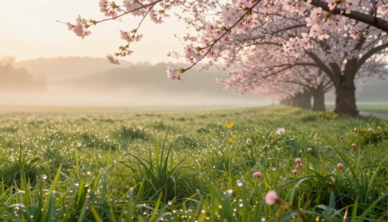 A serene landscape featuring a lush green meadow at dawn. De...