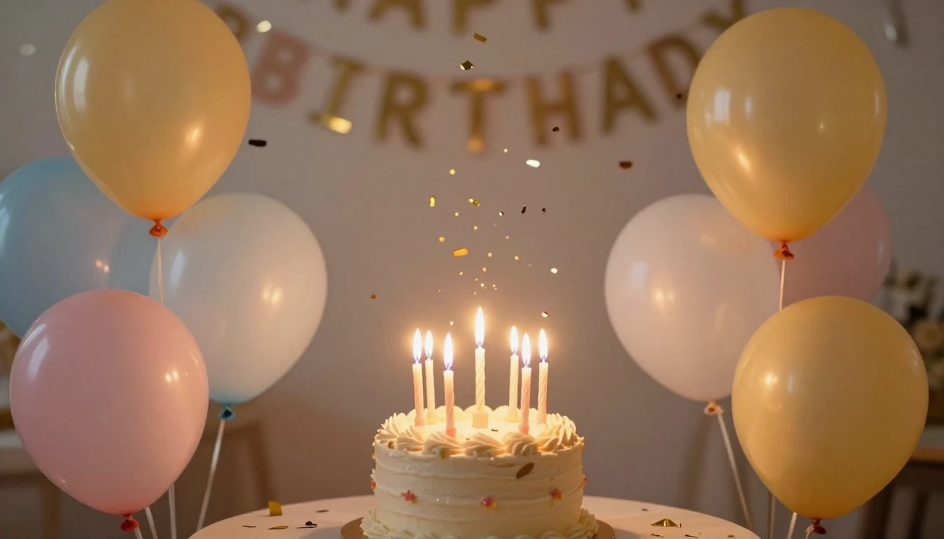 A joyful and festive birthday celebration scene, vibrant bal...