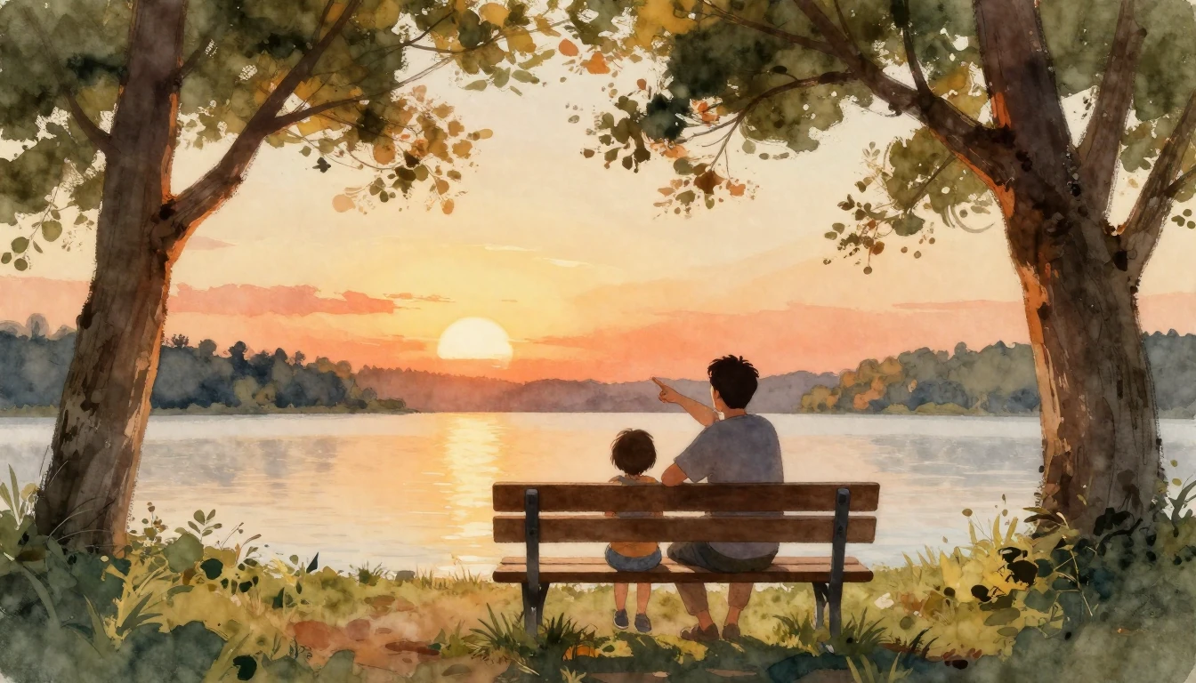A heartwarming watercolor painting depicting a silhouette of...