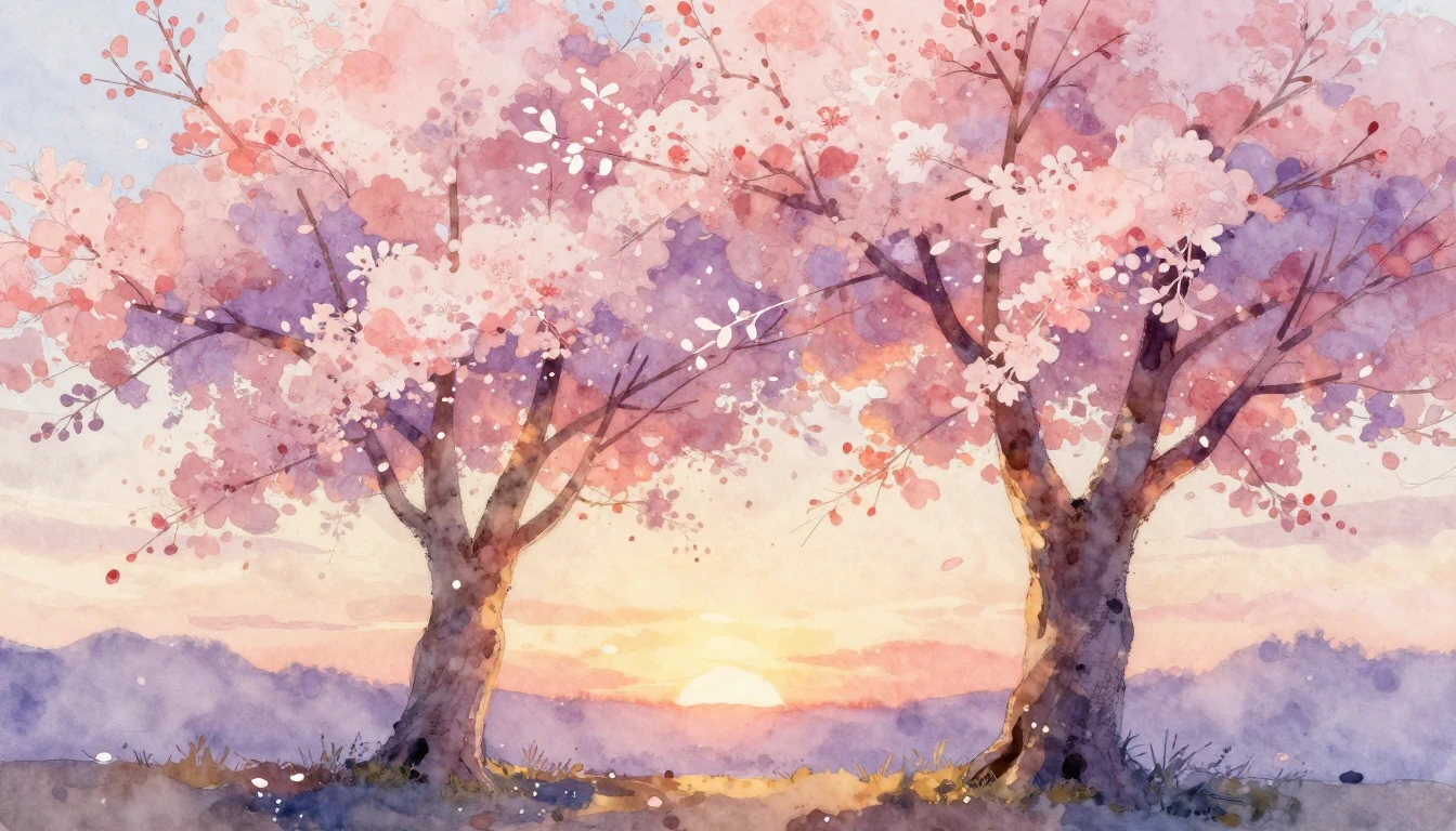 A beautiful watercolor painting of two intertwined cherry bl...