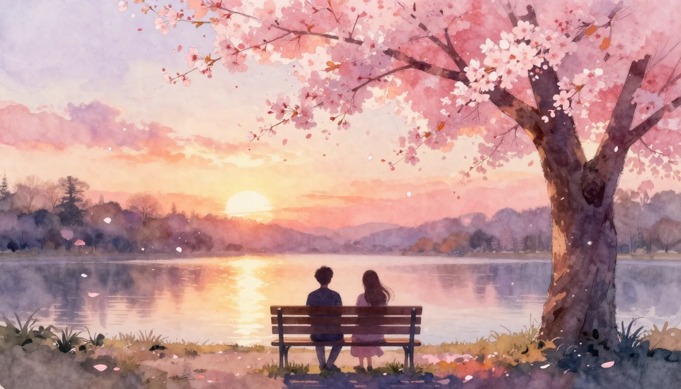 A soft watercolor painting of two silhouettes sitting on a p...