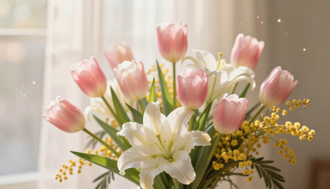 A breathtaking cinematic shot of a delicate spring bouquet f...