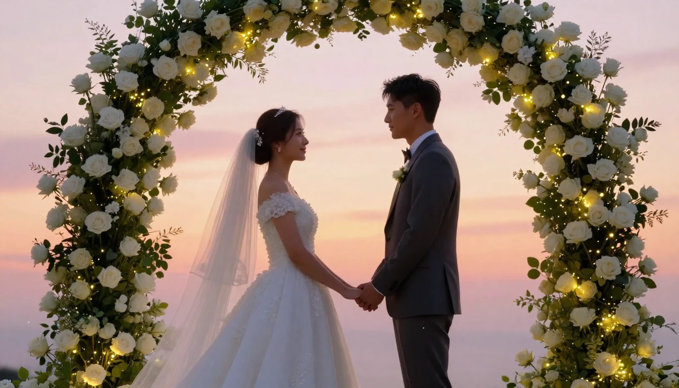 A romantic and magical scene of a bride and groom standing c...