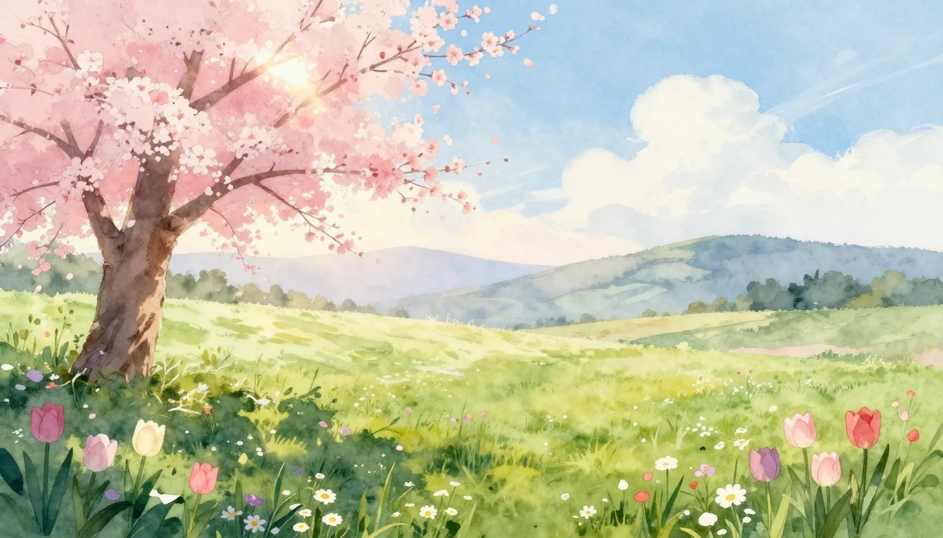 A beautiful watercolor painting of a lush green meadow at su...