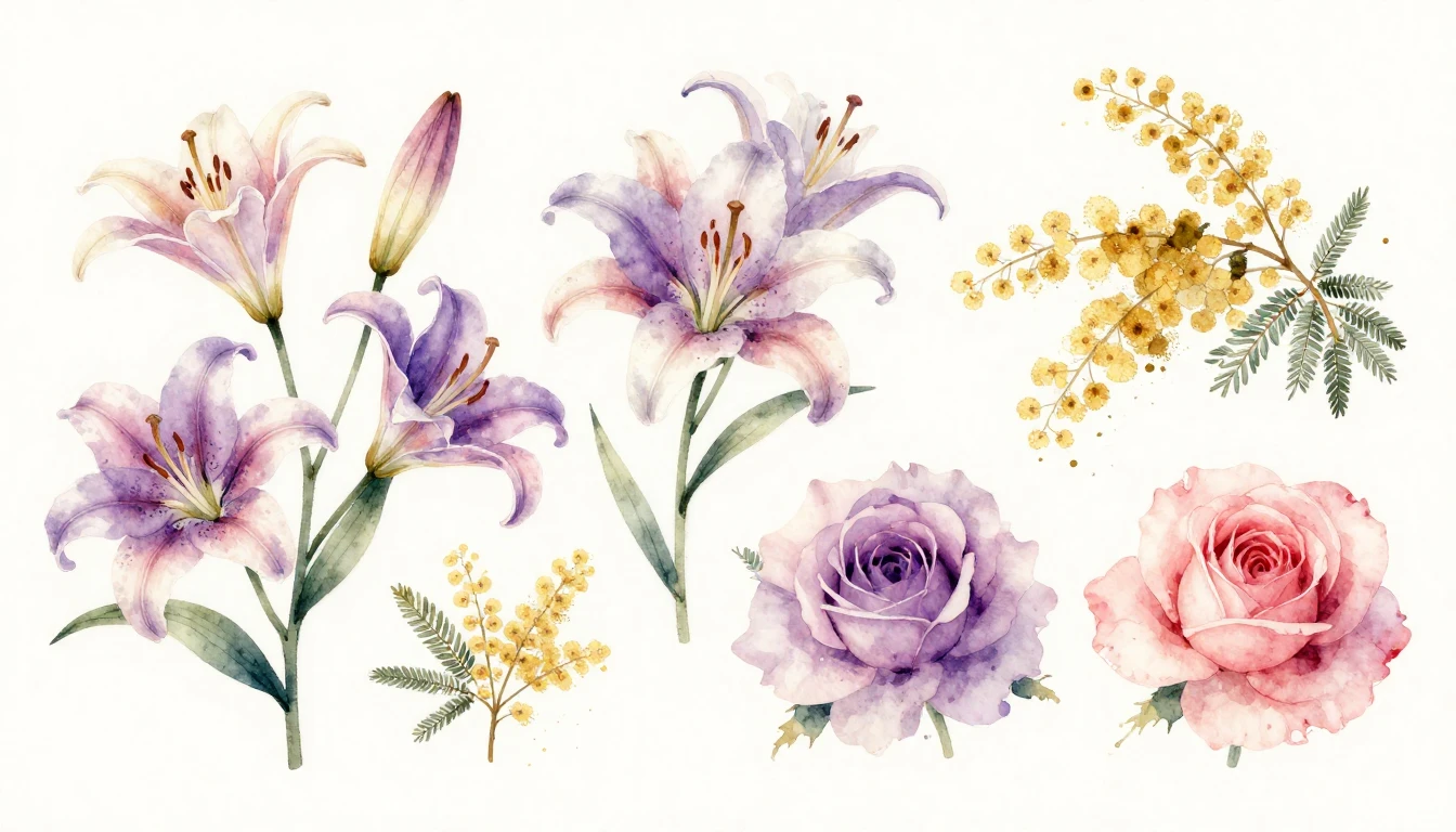 A beautiful watercolor painting of various blooming flowers ...