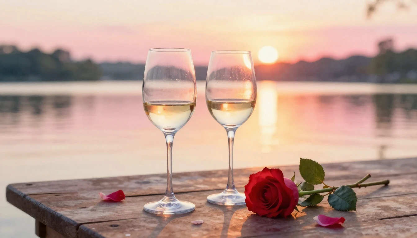 A dreamy watercolor painting of two elegant wine glasses sit...