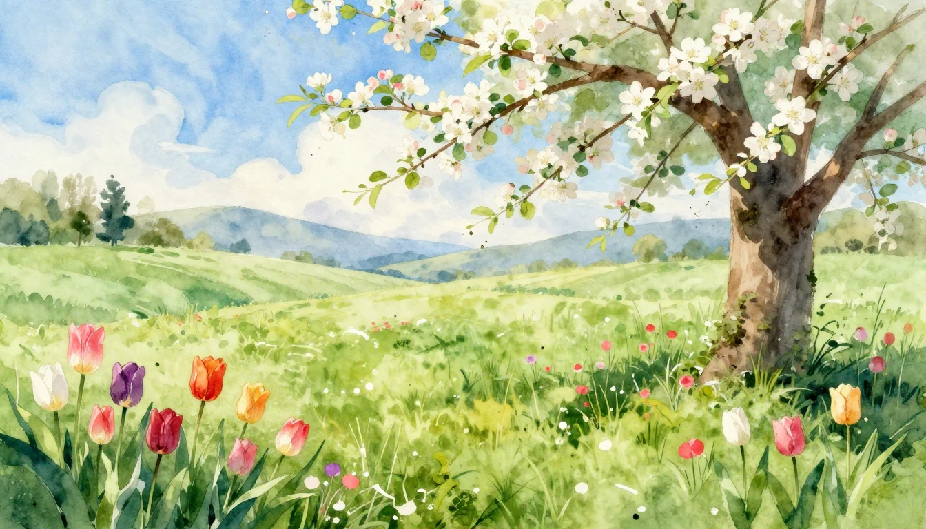 A beautiful watercolor painting of a lush green meadow fille...