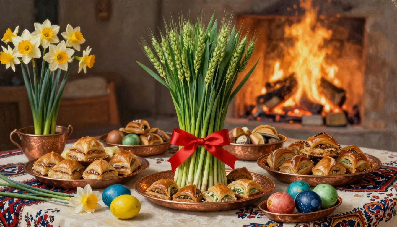 A warm and festive oil painting composition representing the...