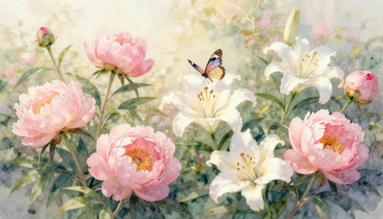 A beautiful watercolor painting of a blooming garden filled ...