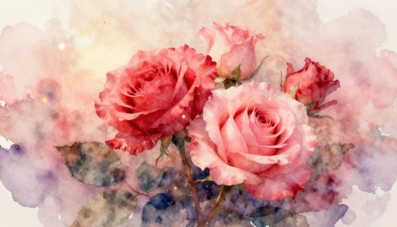 A delicate watercolor painting of two intertwined roses in s...