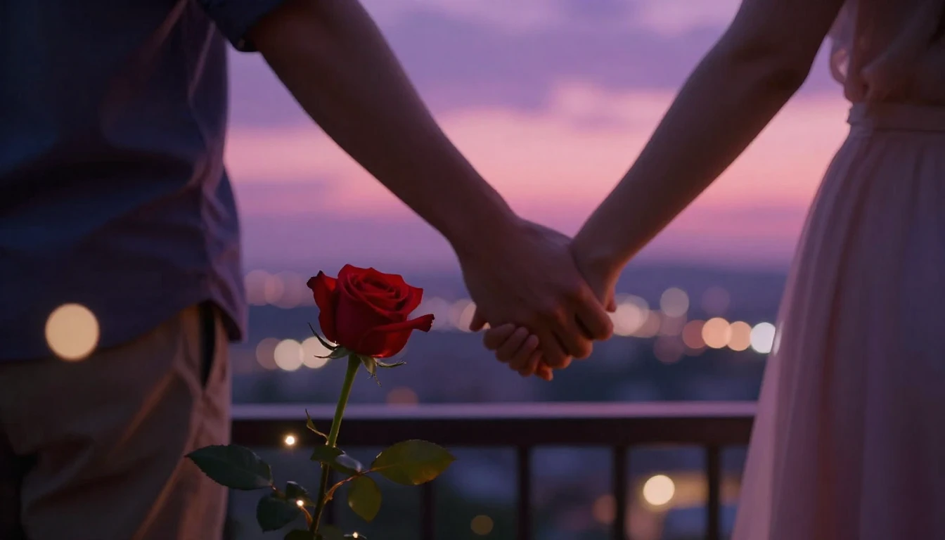 A romantic and dreamy scene featuring a couple holding hands...