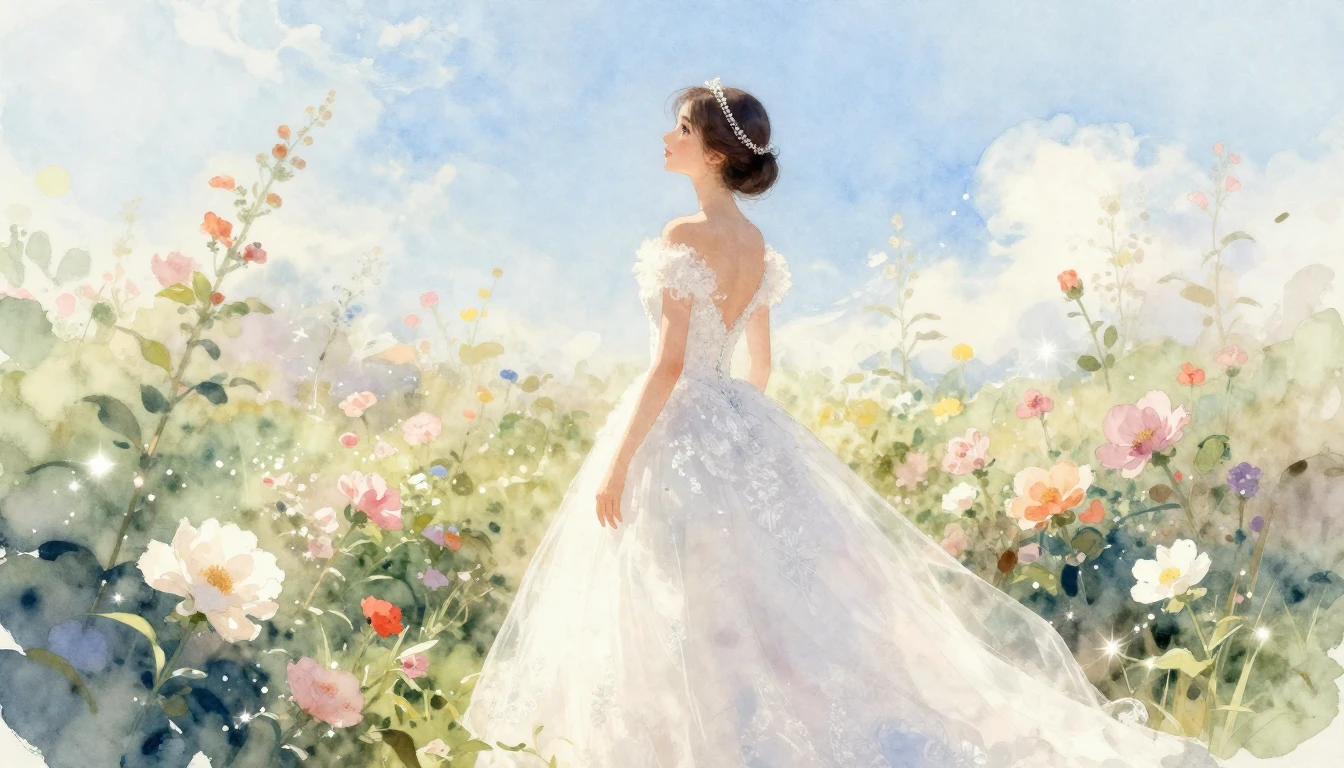 A soft and emotional watercolor painting of a bride in a bea...