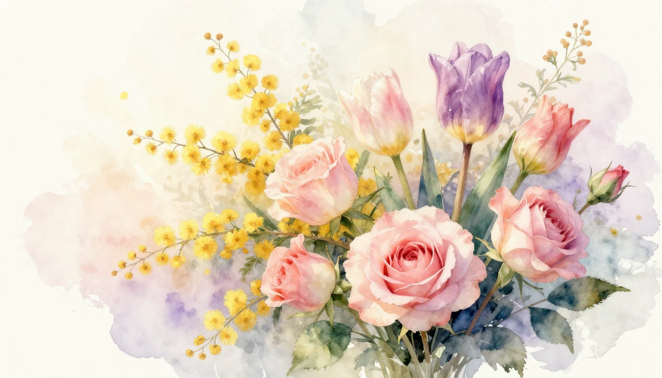 A beautiful watercolor painting of a delicate bouquet of spr...