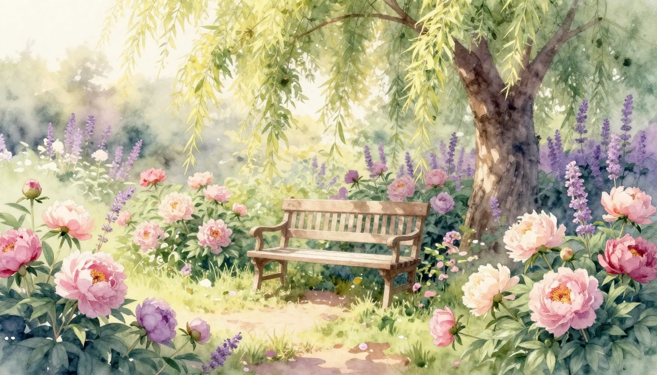 A beautiful watercolor painting of a sun-drenched garden fil...