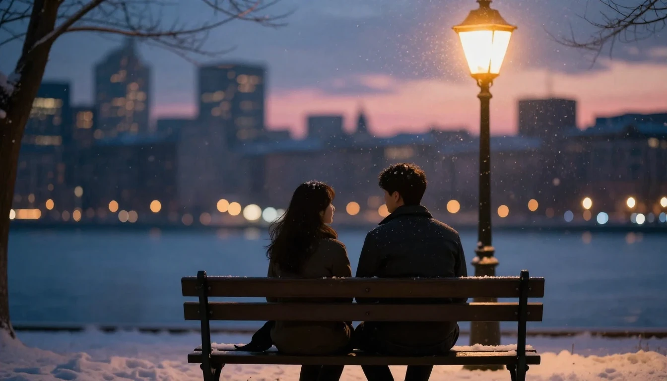 A romantic, soft composition showing two silhouettes sitting...