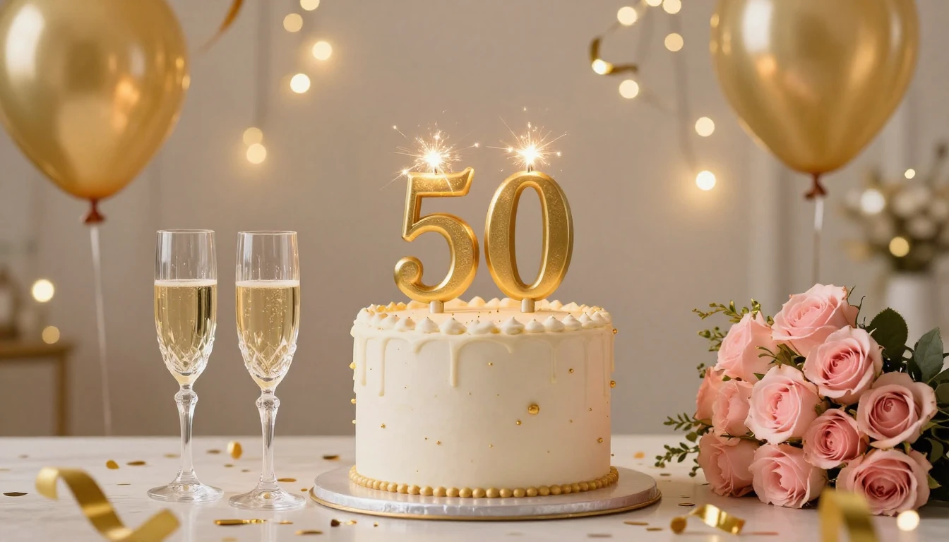 An elegant and festive birthday composition celebrating a 50...