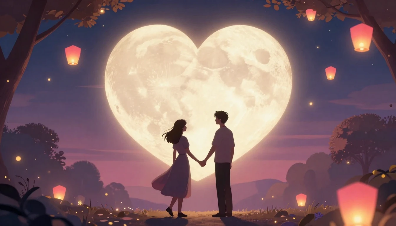 A romantic and dreamy scene featuring two silhouettes of a c...