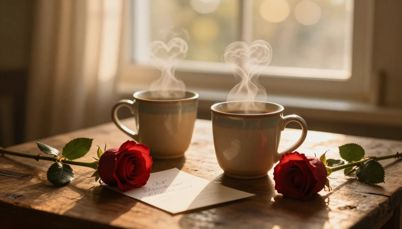 A warm, intimate close-up scene on a rustic wooden table nea...