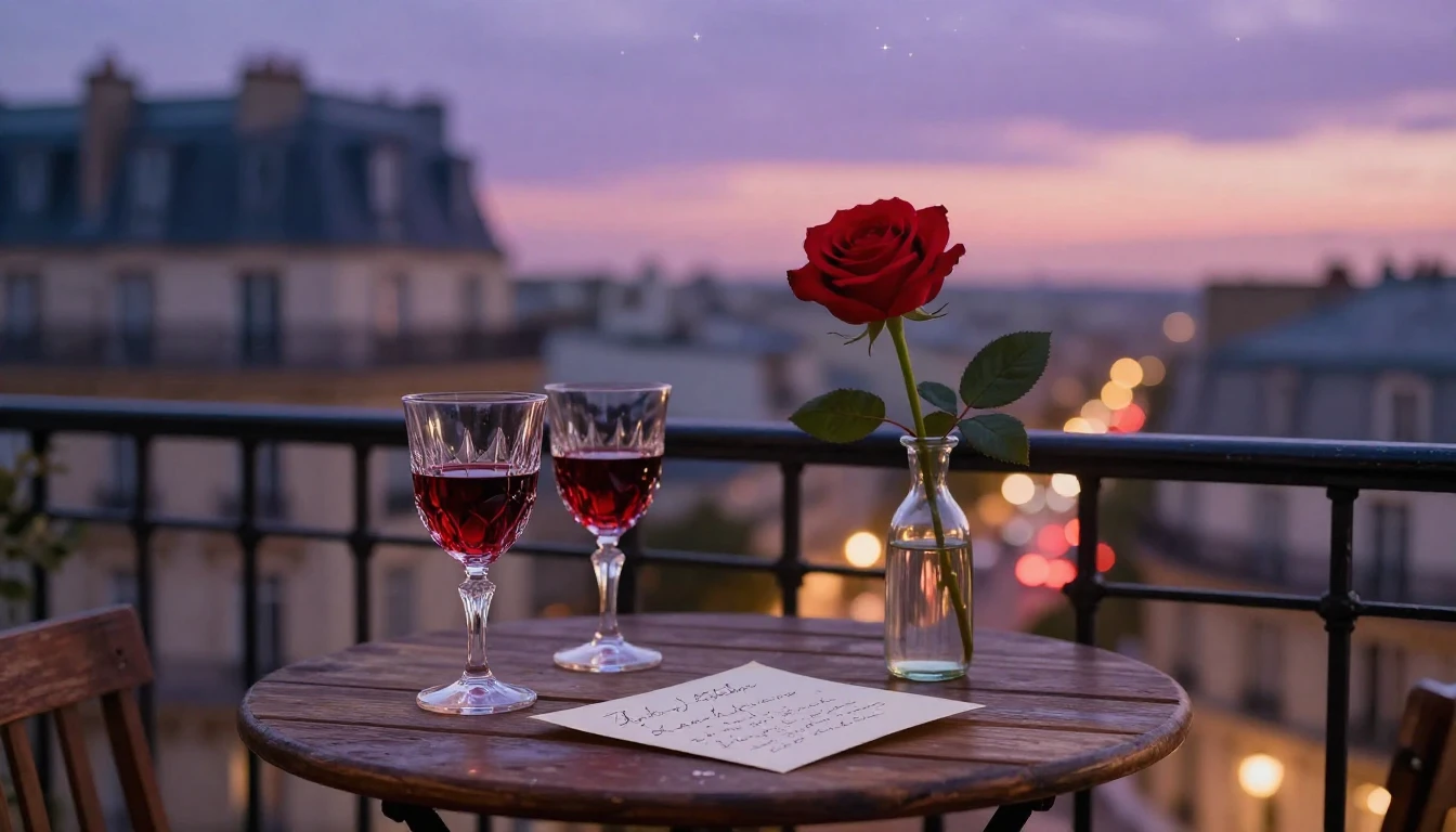 A highly romantic and intimate scene set on a small balcony ...
