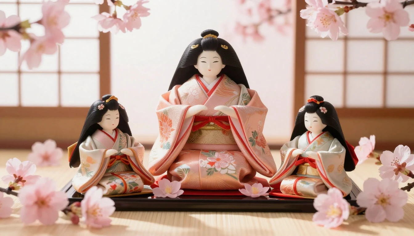 A beautiful arrangement of traditional Japanese Hina dolls s...