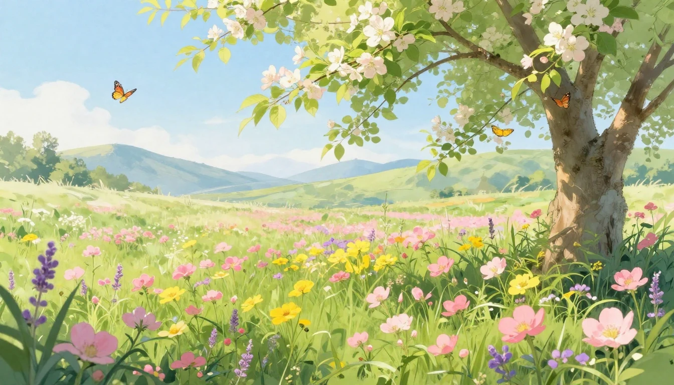 A lush meadow filled with blooming wildflowers in shades of ...