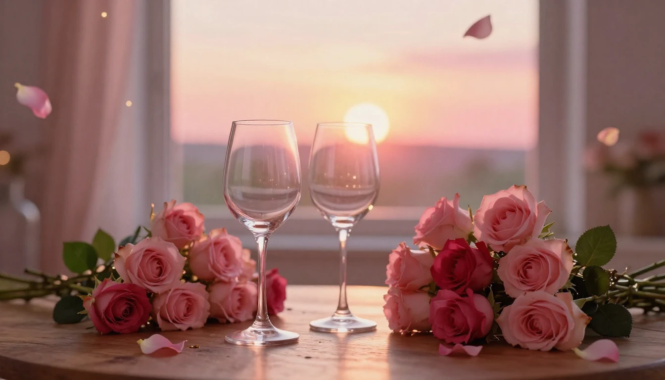 A delicate scene featuring two elegant wine glasses sitting ...