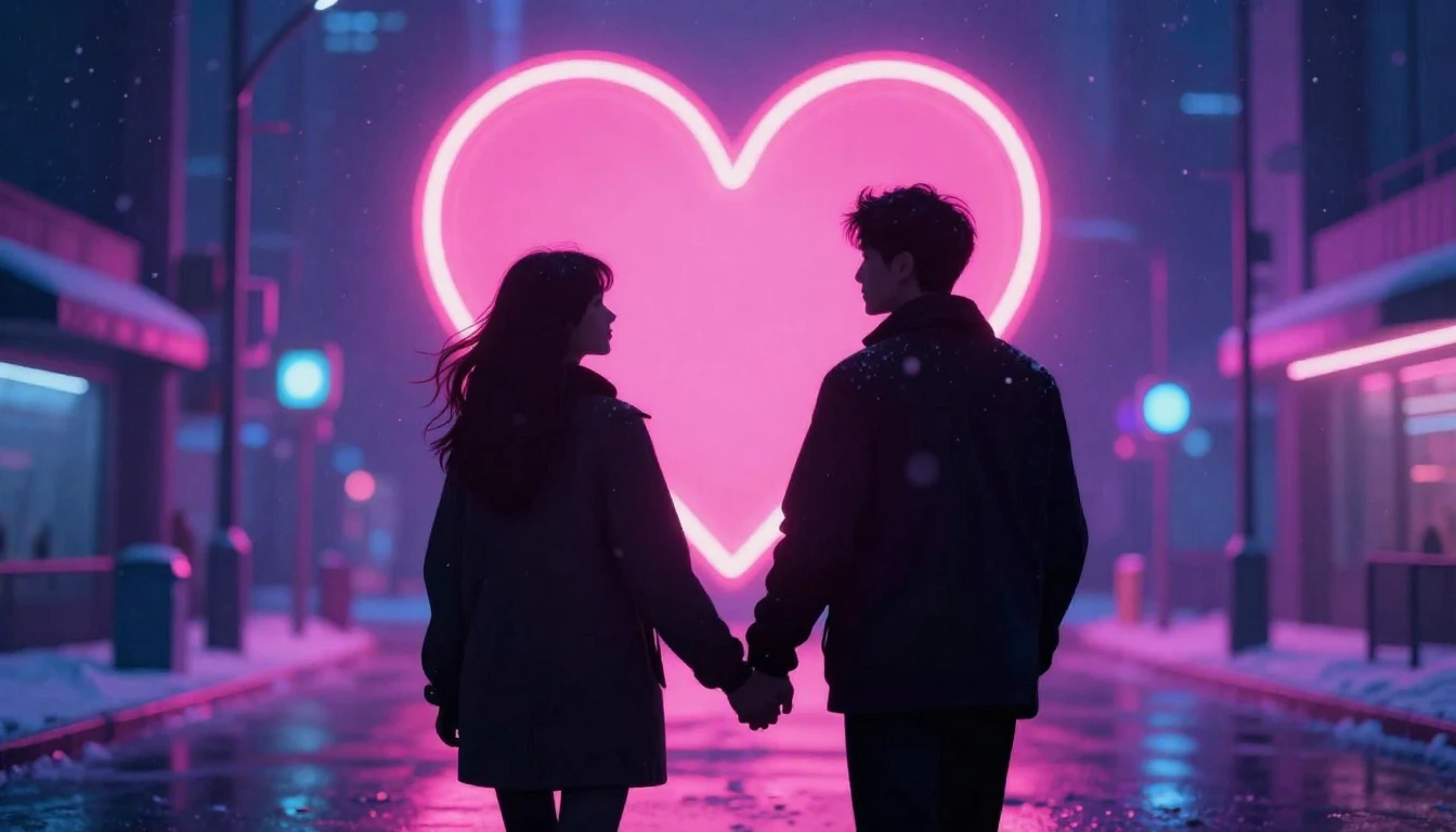 A romantic synthwave scene featuring two silhouettes holding...
