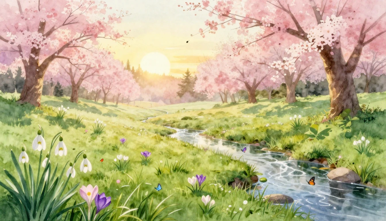 A beautiful watercolor painting of a lush meadow at dawn on ...