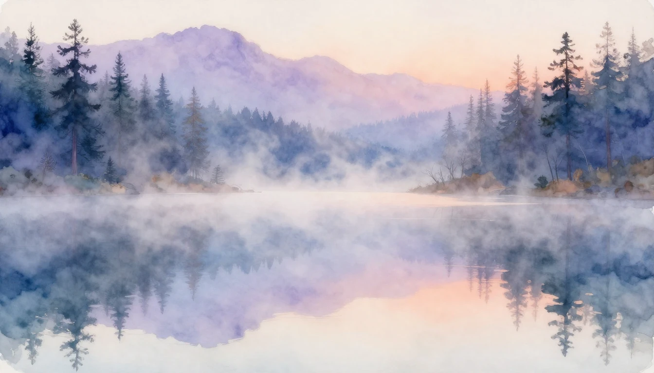 A breathtaking watercolor painting of a calm mountain lake a...