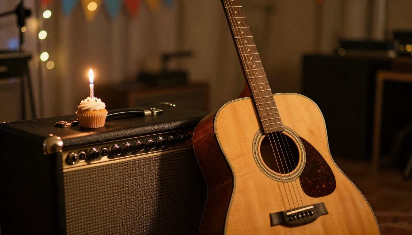 A warm and inviting scene of a well-worn acoustic guitar lea...