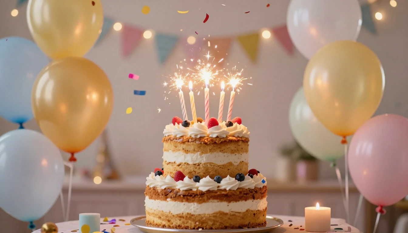 A vibrant and celebratory birthday composition featuring a d...
