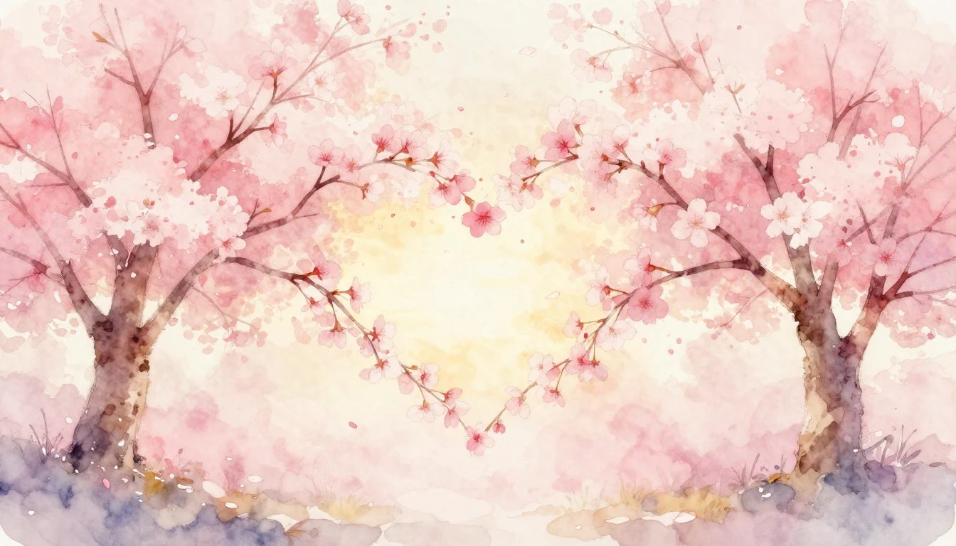 A soft watercolor painting of two delicate cherry blossom tr...