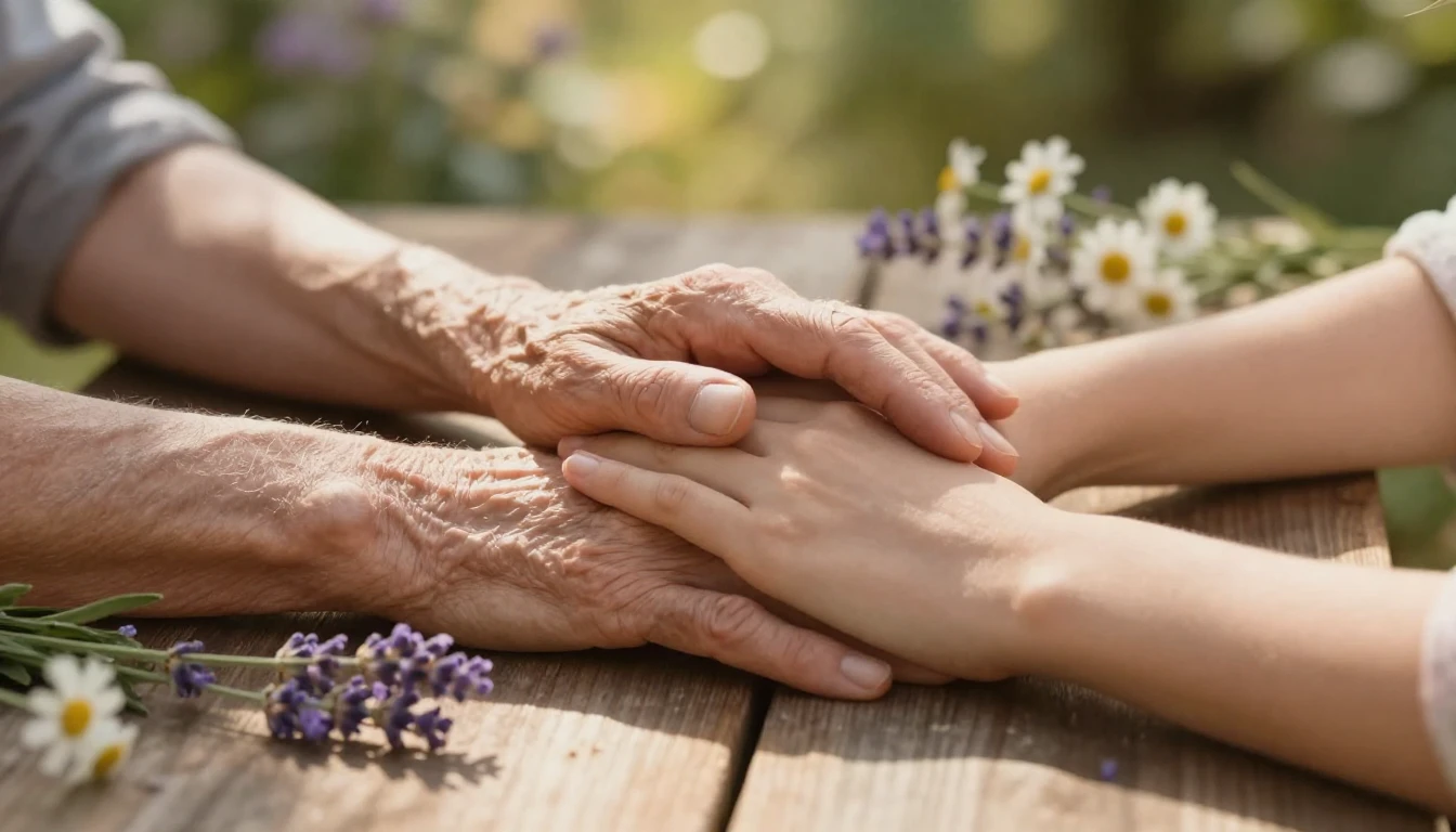 A serene and heartwarming scene featuring two pairs of hands...